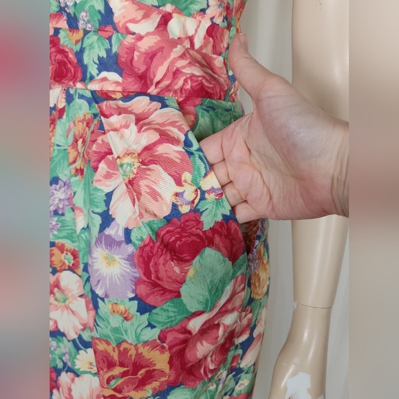 Vintage 80s 2pc floral cotton wiggle dress with crop bolero jacket S - Picture 5 of 10